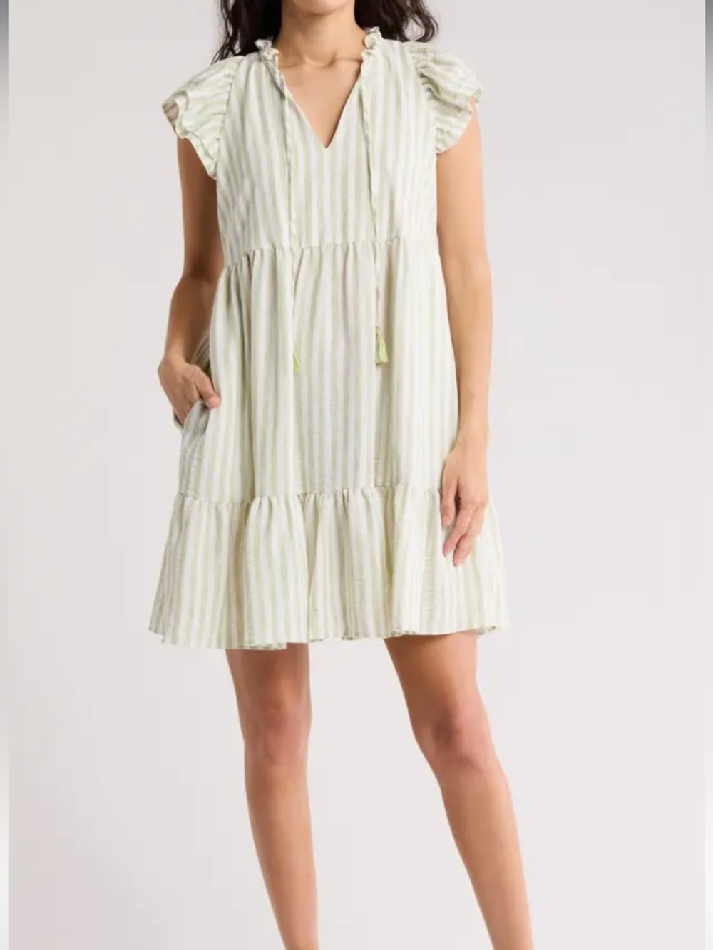 Eliza J Stripe Flutter Cap Sleeve Babydoll Dress Tassel Ties